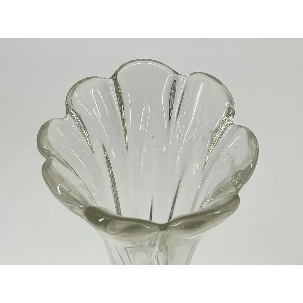 Vintage Clear Glass Swung Stretch Twist Vase Ruffle Top 11.5” Mid Century MCM